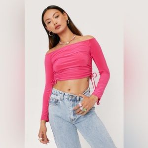 Nasty Gal Slinky Off The Shoulder Crop Top ruched tide side Hot Pink